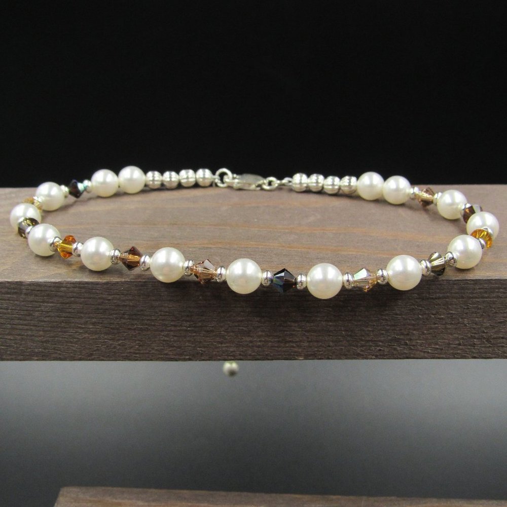 9" Sterling Silver Small Faux Pearl Ankle Bracelet Vintage